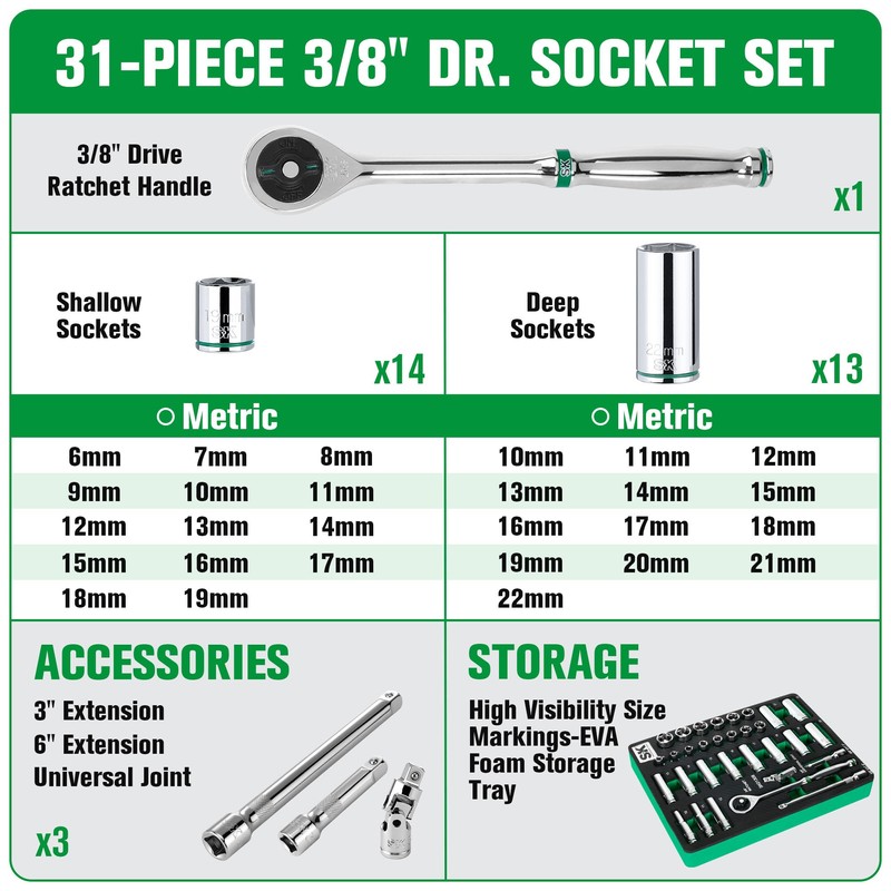 SK Tools USA 3/8" Drive, 31 Piece, 6 Point, Standard