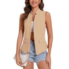 MINTLIMIT Ladies Sleeveless Waistcoat Jacket One Button Down Top Blazer Vest Tuxedo Suit (Khaki M)