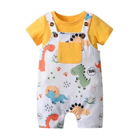Derouetkia Infant Baby Boy Clothing Dinosaur Print Summer Shorts Sleeves Tops and Straps Shorts Outfit Set, yellow, 6-9 months