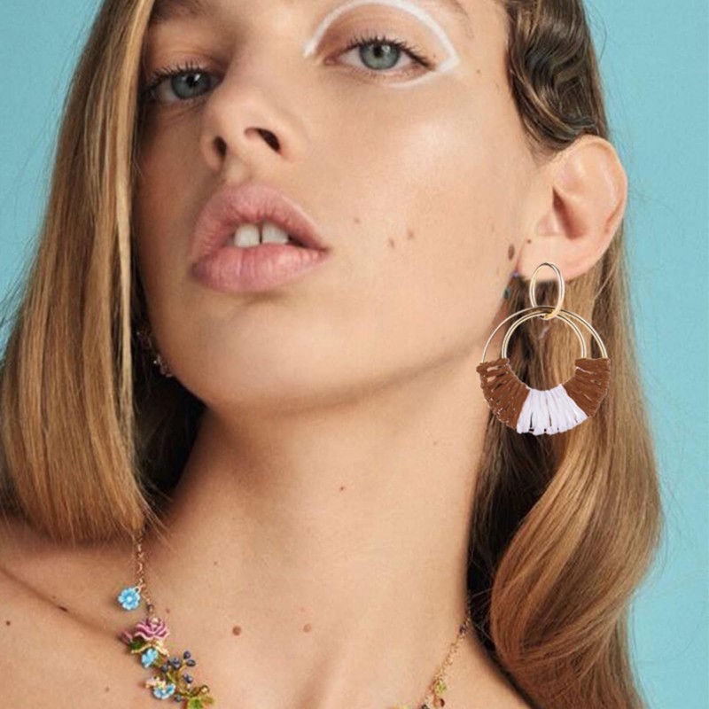 Handmade Raffia Earrings for Women Girls Lightweight Statement Geometric Round