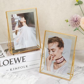 Jajamy Gold Floating Picture Frame Set of 2, Glass Picture Pressed Flower Frames, Gold Floating Frame for 5x7 Photo Vertical Standing Tabletop Display