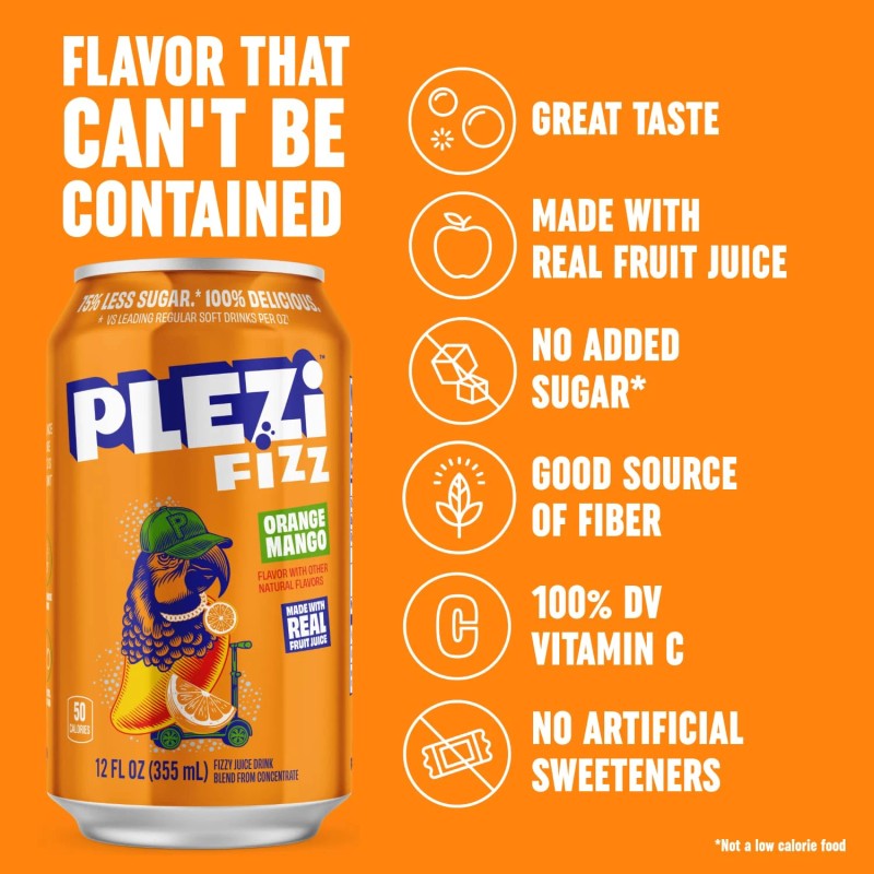Plezi Fizz Orange Mango Sparkling Juice Drink, 12 Pack, 12