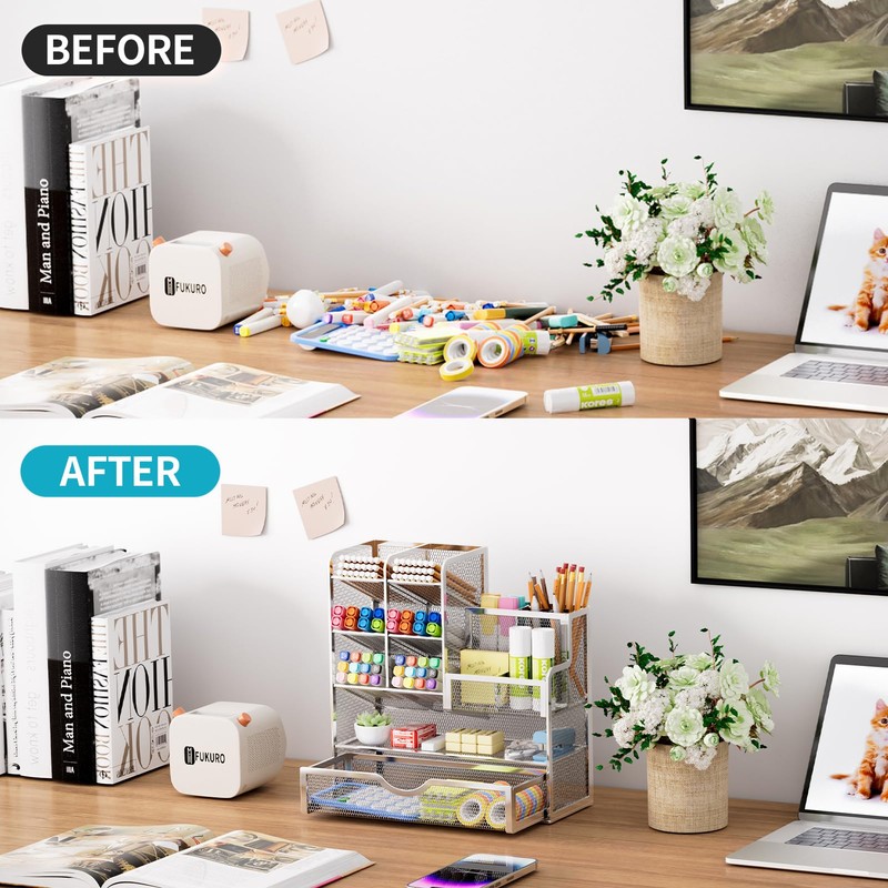 Marbrasse Mesh Pen Holder for Desk, Pen Organizer with Drawer,