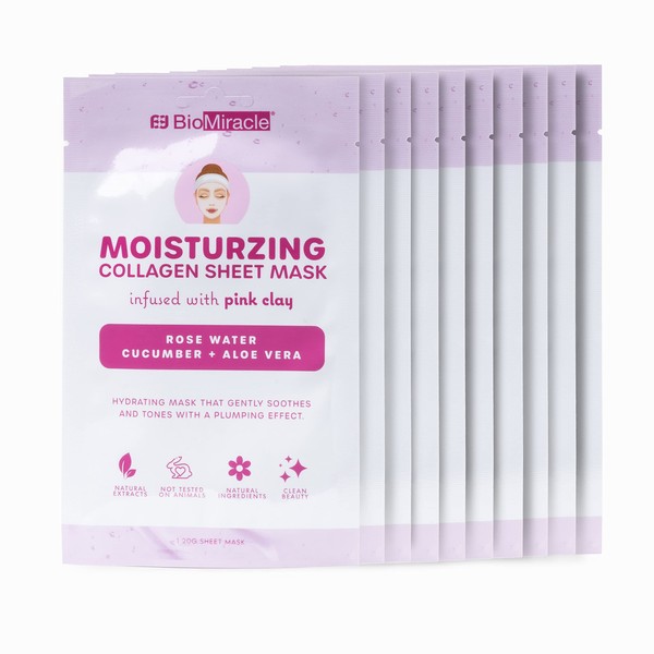 BioMiracle Moisturizing Sheet Mask With Firming Collagen, Infused With Pink Clay, Rose Water, Cucumber and Aloe Vera, Natural Extracts, Paraben Free, Soothes and Tones 10 Sheets (10 Pack)