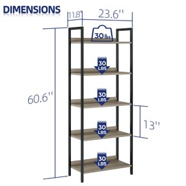 NUMENN Bookshelf, 5 Tier Bookshelves, Home Office Bookcase Shelf Storage Organizer, Free Standing Storage Shelving Unit for Bedroom, Living Room and Home Office, Grey