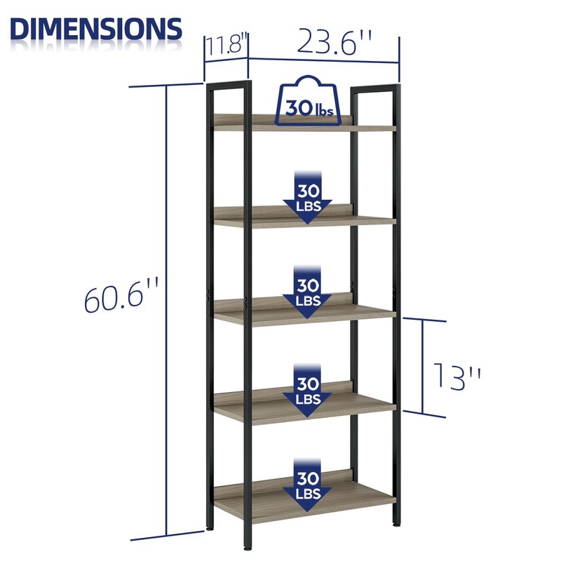 NUMENN Bookshelf, 5 Tier Bookshelves, Home Office Bookcase Shelf Storage