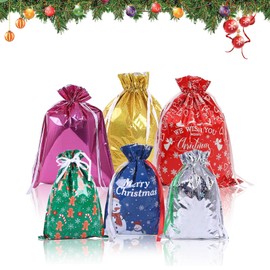 6PCS Christmas Drawstring Gift Bags with 6 Designs, Christmas Wrapping Bags for Birthdays and Christmas Party