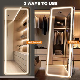 FURNIinspire Floor Mirror with LED Light, 63” x 20” Full Length Mirror with Stand, Full Body Mirror for Living Room Bedroom Cloakroom, Round White