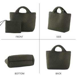 LIKEBAG Woven Bag for Women, Neoprene Tote Bag Summer Beach Handbag Purse Retro Handmade Travel Shoulder Bag Set (Dark Green)