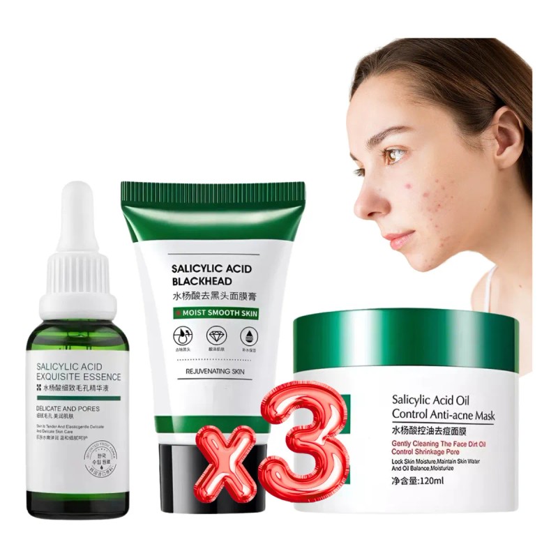 Set 3 pasos antiacné: sérum, crema y mascarilla con ácido