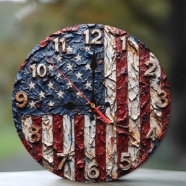 Lancholy American Flag Wall Clock Textured Art Decor 10-Inch Wooden Wall Clock, Silent Movement, Battery Operated (AA Batteries Not Included), Artistic Home Decor, Perfect for Home Accents