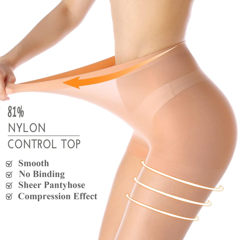 3 Pairs Women's Sheer Tights with Control Top and Reinforced