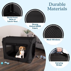 Soft Dog Crate - 32x23.25x23 Collapsible Dog Crate for Medium Pets - Portable Travel Pet Crate with 3 Doors, Mesh Windows, and Removable Divider - Travel Accessories by PETMAKER (Black)