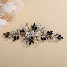 Teyglen Bridal Black Rhinestone Pearl Headband Dainty Pearl Flower Crystal Hair Piece Crystal Pearl Wedding Headband Headpiece for Festival Costume Hair Accessories for Women