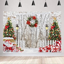 LYCGS 10X8ft Christmas Backdrop Christmas Barn Door Backdrop White Barn Door Snowflake Xmas Tree Gifts Photography Background Christmas Party Decoration Banner X-176