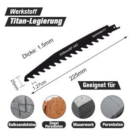 LAIWOO Reciprocating Saw Blades Stone, Carbide Steel Saw Blades, Ytong Saw, Brick Saw, Reciprocating Saw for Aerated Concrete, Concrete, Einhell, Dewalt, Bosch (225 mm)