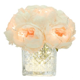 GreenHouzz Artificial Peony Silk Flower Centerpieces with LED Light Faux Floral Arrangement in Glass Vase for Home Wedding Table Decoration (Cream White)