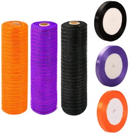 HIXNUG 6 Rolls Deco Mesh Ribbon Roll with Satin Ribbons Tulle Roll Spool Metallic Foil Deco Mesh Rolls for Christmas Decoration Wreaths Christmas Ribbon (Black, Orange, Purple)