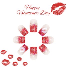 24Pcs Lips Press on Nails Short Square Fake Nails with Gradient Glitter Designs Valentines False Nails Reusable Lip Print Acrylic Nails Valentine's Day Glue on Nails for Women Manicure Supplies
