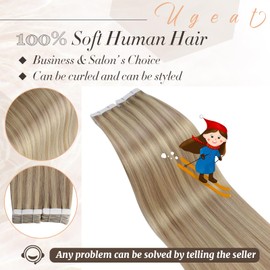 Ugeat Invisible Tape in Hair Extensions Human Hair 14 Inch Dark Ash Blonde Highlights Golden Blonde for Women Real Hair Extensions Tape in 40G 20Pcs #16/22