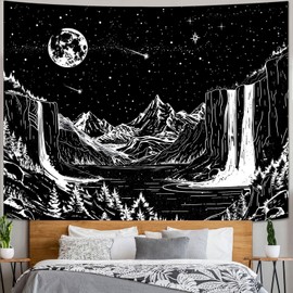 Lunerfex Starry Night Mountain Tapestry Black and White Wall Tapestry Celestial Landscape Tapestry Wall Hanging for Bedroom and Living Room Decor Mountain Black 44×60 Inches