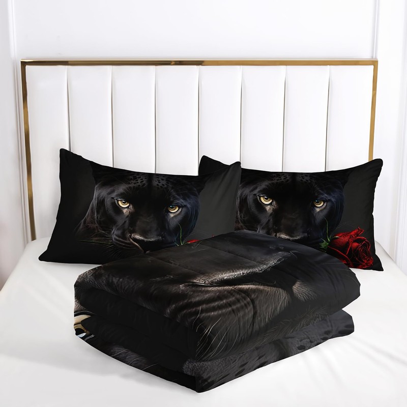 AILONEN Panther Comforter Set Queen Size, 3D Black Leopard with