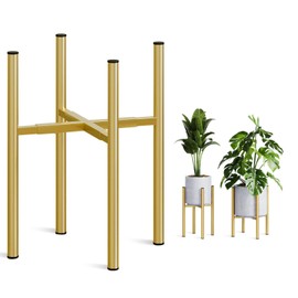 Rioneta Adjustable Metal Plant Stand Indoor, Fits 8-14 Inch Pots, Mid Century Modern Gold Planter Holder,2 Heights, Heavy Duty 160 lb, Indoor Outdoor Corner Floor Pot Stand, Golden