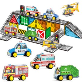 Oriate City Road Set Magnetic Tiles, Rolling Rescue Toy Cars with Construction Building Magnetic Blocks, Educational Road Traffic City Life Magnet Tiles, STEM Toys Gifts for Preschool Kids