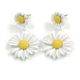 Matt White/Yellow Double Daisy Flower Drop Earrings - 40mm L