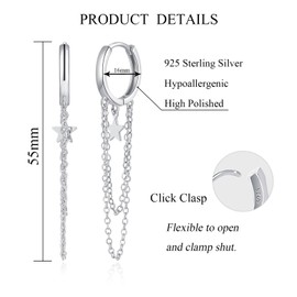 Josfeva Silver Small Hoop Earrings, 925 Sterling Silver Huggie Hoops Earrings Hanging for Women Lady Girls, Hypoallergenic Double Long Tassel Star Chain Drop Earrings, White Gold Dangle Hoop Earrings