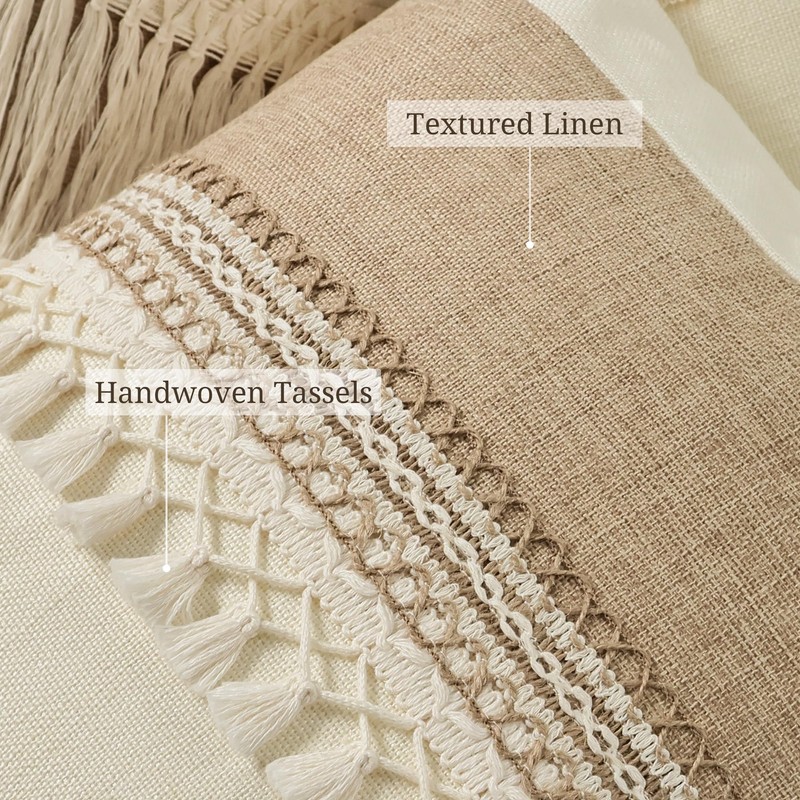 QoBexim Boho Patchwork Linen Pillow Covers with Tassles 18x18 Set
