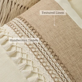QoBexim Boho Patchwork Linen Pillow Covers with Tassles 18x18 Set of 2
