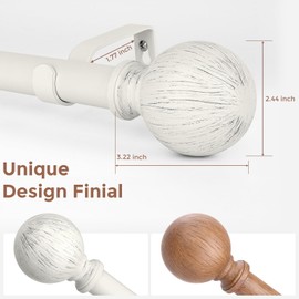 2 Pack Antique White Curtain Rods for Windows 48 to 84 Inch, 1" Diameter Adjustable Rustic Drapery Rod with Modern Faux Wood Grain Finials, Heavy Duty Decorative Farmhouse Curtain Pole for Living Room