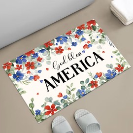 APROPHIC 4th of July Bathroom Mat for Decor,Floral Leaf Bath Rug, Independence Day Non-Slip Rubber Backing, Absorbent Quick-Drying Floor Mat, Ultra-Thin Fit Under The Door, 17x24 in,Blue Red