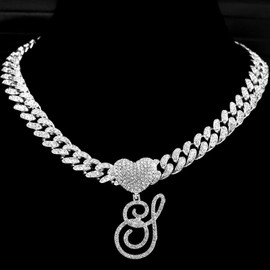 PTJDSMF Cursive Silver Initial Pendant Necklaces Alphabet Pendant Miami Cuban Link Chain Necklace for women Hip Hop Iced Out Letter Chain with Pendant Jewelry … (Cuban Link Chain S)