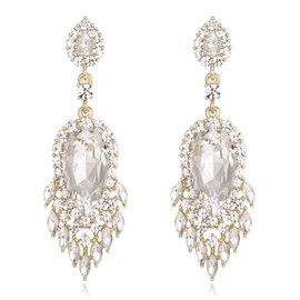 EleQueen Rhinestone Crystal Chandelier Earrings for Women, Clear Gold-Tone Art Deco Marquise Teardrop Dangle Earrings Ladies Gifts