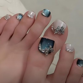 Square Press on Toenails Short Cat Eye Fake Toe Nails Blue Glitter Acrylic Toenails with 3D Butterfly Rhinestone Charms Artificial False Toe Nails for Women Girls 24Pcs