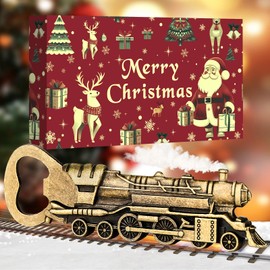 LKKCHER Christmas Gifts Steam Train Steam Locomotive Bottle Opener, Christmas Gifts for Men Dad Train Fans, Christmas Railway Gifts, Bronze with Christmas Packaging and Christmas Card