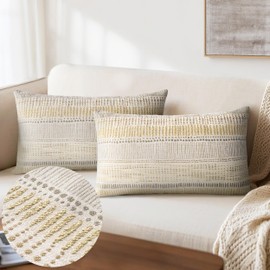 AELS Boho Decorative Striped Lumbar Pillow Covers 12x20, Modern Mid Century Lumbar Support Pillow Cover, Farmhouse Rustic Woven Cushion Case for Bed Couch Sofa, Beige and Gray