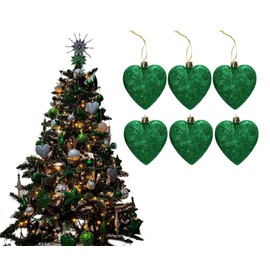 Simply Products 6 Heart Baubles - Great Christmas Tree Decorations, Glitter Heart Baubles (Dark Green Glitter)
