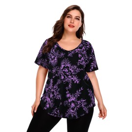 BELAROI Plus Size Tops for Women V-Neck Tunic Top Casual Summer Short Sleeve Tshirt Floral Print Loose Fit Tee Shirts Blouse (3X, Flower104), Black Purple Flowers, 3X