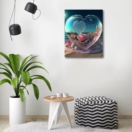 Paint by Numbers Kit for Adults, Landscape DIY Paint by Numbers, Heart-Shaped Glass Crystal Art Paint by Numbers Kit for Adults White Beach Canvas Acrylic Painting Arts and Craft 16x20Inch Frameless