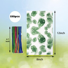 LEOSINDA 100 pcs Hawaiian Cellophane Candy Bags Green Jungle Cooler Bags Party Favors Palm Leaf Candy Snack Bags with 100 Twist Ties for Weddings Baby Shower Birthday Party Favors Clear 8X 12 Inch