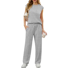 OLRIK Womens Two Piece Sets Summer Outfits Sleeveless Wide Leg Sweatsuit Set Casual Lounge Sets With Pockets Light Grey-S