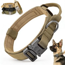 Collar de perro Táctico, Collar de Perro de Nailon Militar Grueso, Collar de Perro con Asa, Hebilla de Collar de Perro de Metal Elástico Ajustable, para Entrenamiento, Caminar, Caza, Accesorios de Entrenamiento de Perros (Caqui-L)