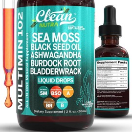 Clean Nutra Sea Moss Black Seed Oil Liquid Drops with Ashwagandha Burdock Root Bladderwrack - Multimineral Supplement Healthcare Dietary ashwagandha:_1 Bottle
