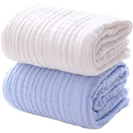 ZONEY Baby Bath Towel 2 Pack, 100% Muslin Cotton Hooded Towel for Newborn,Toddler,Infant, Absorbent & Hypoallergenic 43"x43" (White,Blue)