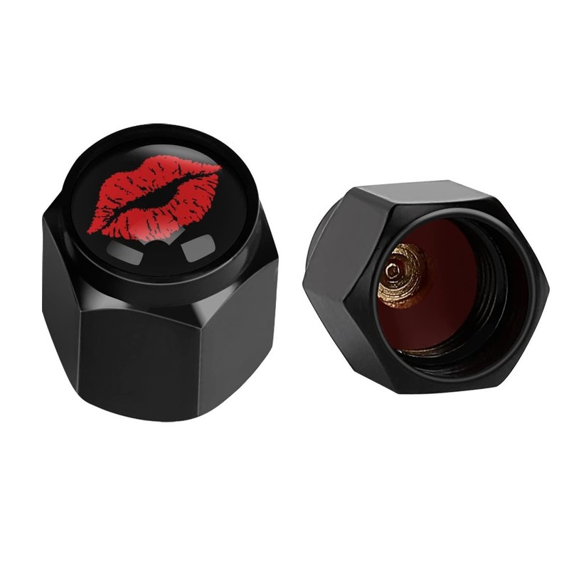 Muishi Red Lips Tire Valve Stem Caps, Aluminum Black Stem