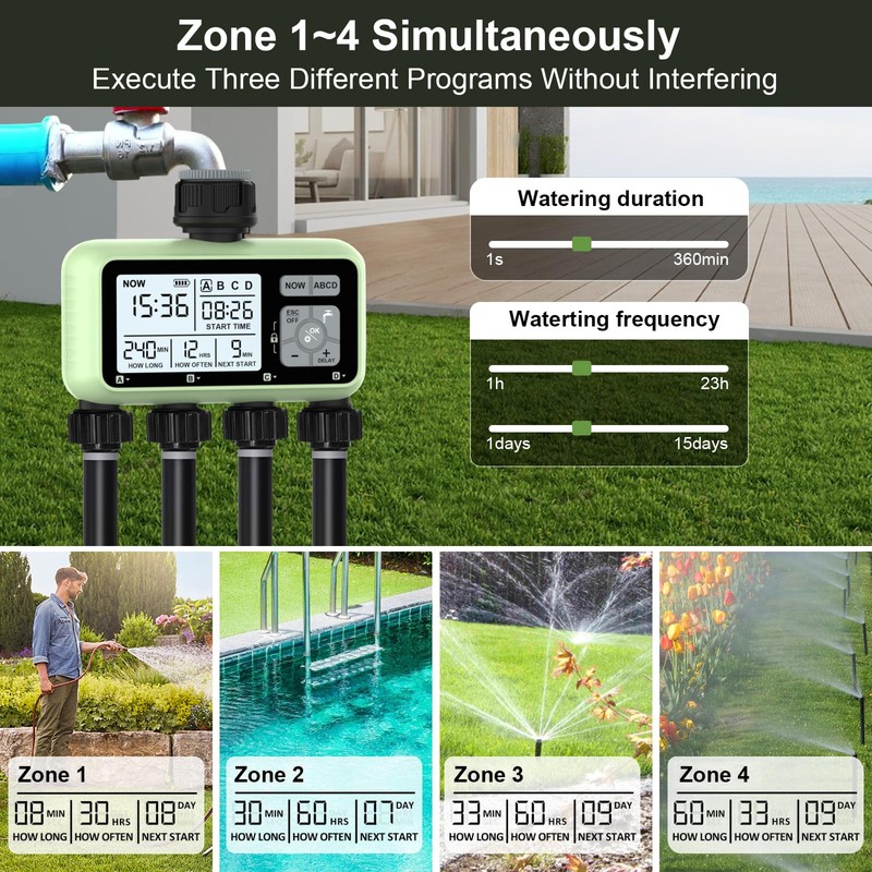 Johgee Irrigation Computer with 4 Independently Controlled Outputs, Digital Watering