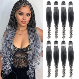 Ombre Grey Pre Stretched Braiding Hair French Curl Ends Crochet Hair Extensions for Black Women (24 Inch, 8packs, T1B/Silver)